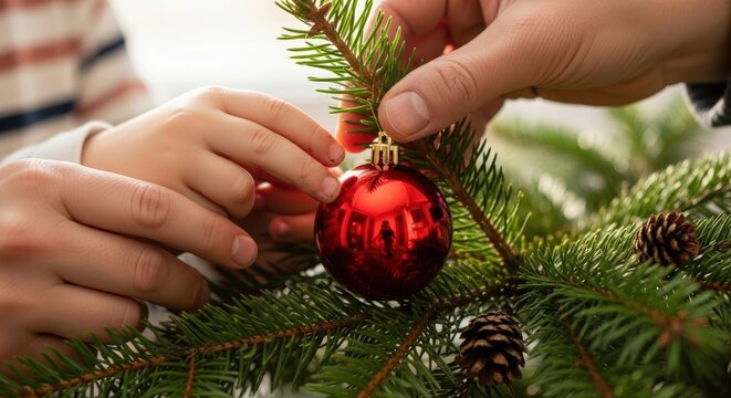 Hands decorating a christmas tree with ornament