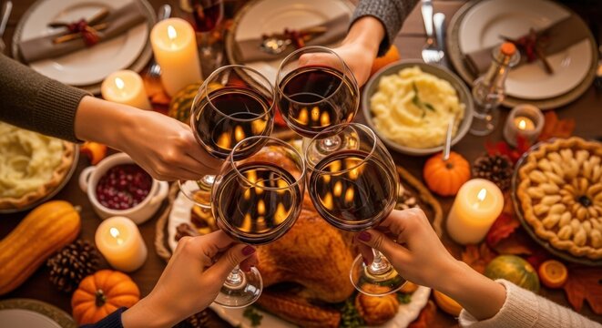 People toasting with red wine over thanksgiving dinner - Powered by Adobe