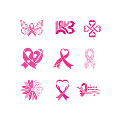 Collection of pink ribbon breast cancer awareness design elements on transparent background