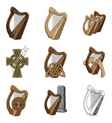 Celtic harp illustrations in various styles and angles