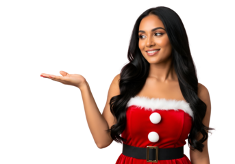 Beautiful young woman wearing a festive red santa claus costume with white fur trim, presenting or holding out her open palm against a transparent background, isolated on transparent background