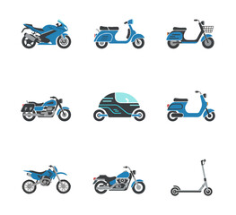 Collection of blue motorbikes and scooters illustrations on black background
