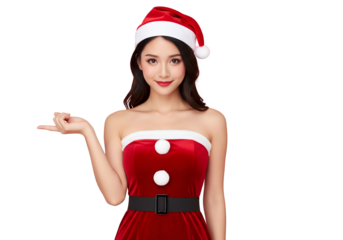 Beautiful young asian woman wearing a festive red velvet santa claus costume and hat, posing with one hand extended to the side, isolated on transparent background