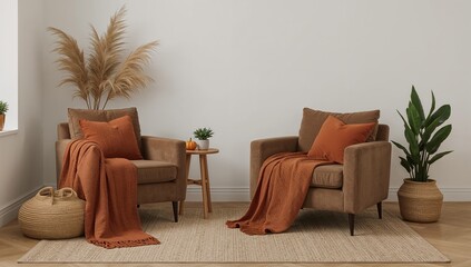 Modern and inviting living room interior design featuring comfortable armchairs with warm terracotta throws, accented by natural pampas grass and green plants creating a cozy, serene atmosphere