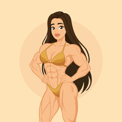 Athletic Girl with Strong Abs Posing, Showcasing Muscular Body