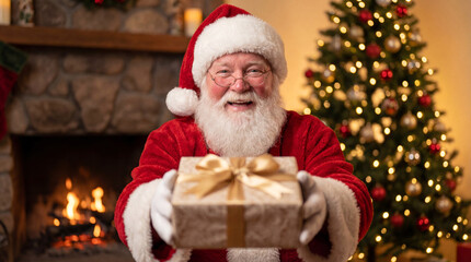 Portrait of Happy Santa Claus Holding a Gift Box with Christmas Tree and Fireplace Background