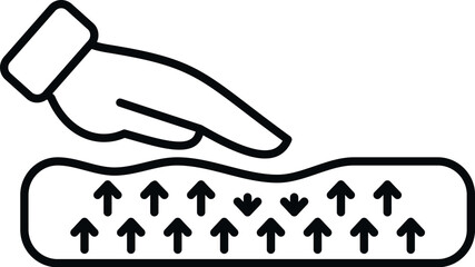 Hand pressing a soft surface, showing pressure points and support arrows, illustrating orthopedic comfort