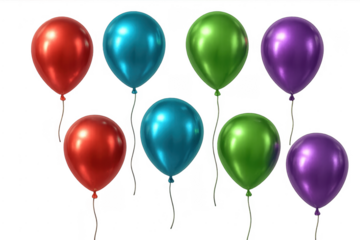 Colorful metallic party balloons floating on transparent background