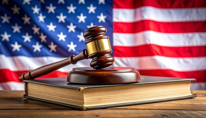 “A judge’s gavel on a law book with the U.S. flag in the background.”