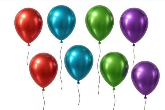 Colorful metallic party balloons floating on transparent background
