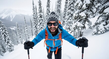 Enthusiastic man backcountry skiing or splitboarding up a steep snowy mountain slope among frosted pine trees.