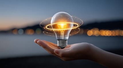 Hand holding glowing light bulb with swirling light trails at dusk, symbolizing idea and innovation