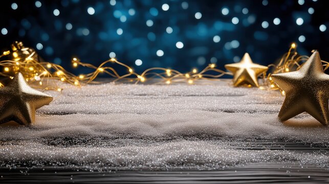 Golden Christmas stars and sparkling lights on snow with blue bokeh background - Powered by Adobe
