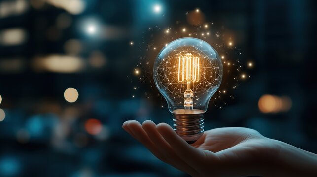 Hand holding glowing light bulb with digital network, representing innovation and big ideas