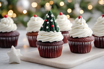 chocolate christmas cupcakes topped with white vanilla buttercream and a green frosting christmas tree decoration with sprinkles sit on a marble board. homemade festive holiday baking concept