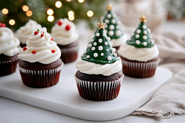 chocolate christmas cupcakes topped with white vanilla buttercream and a green frosting christmas tree decoration with sprinkles sit on a marble board. homemade festive holiday baking concept