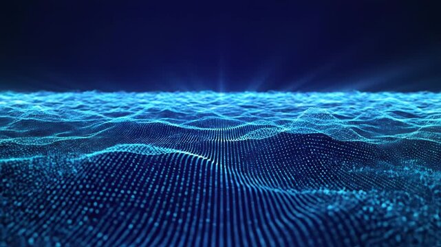Abstract digital wave surface made of glowing blue particle dots creating a futuristic data flow or ocean landscape 4k video