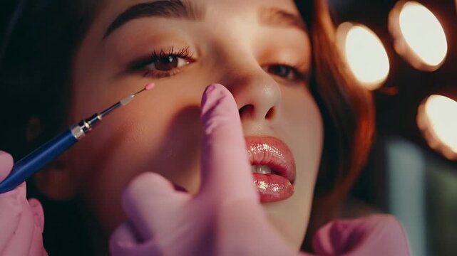 Close-up of a woman's face with a gloved hand applying a product near her nose and a tool near her eye, under warm lighting.
