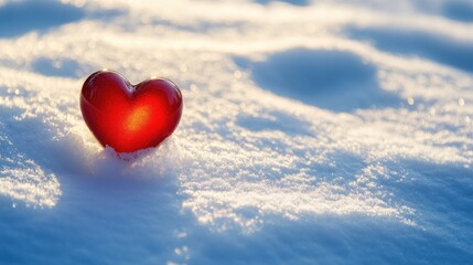 Fototapeta premium Shining Red Heart on Fresh Snow, Symbolizing Love and Winter, Capturing Beauty and Serenity in Nature's Chill, Perfect for Romantic Themes and Seasonal Greetings
