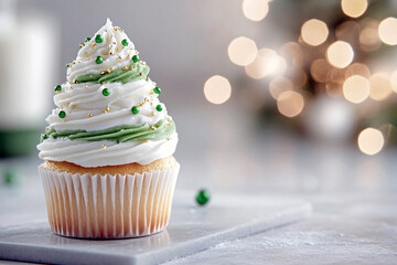 Vanilla christmas tree cupcake with swirling white and green frosting, decorated with gold and green sugar pearls on a grey board. Enchanting festive atmosphere with warm bokeh lights