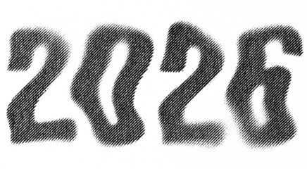 Macro halftone print of the number 2026 in a soft, distorted style created with dense black diagonal dots on a transparent background.