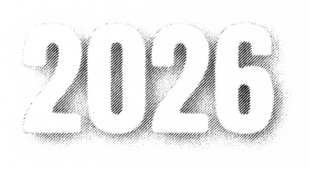 Macro halftone print of bold stencil-style 2026 numerals with dense black diagonal dots creating a soft fading outline on a transparent background.