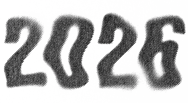 Macro halftone print of the number 2026 in a soft, distorted style created with dense black diagonal dots on a transparent background.