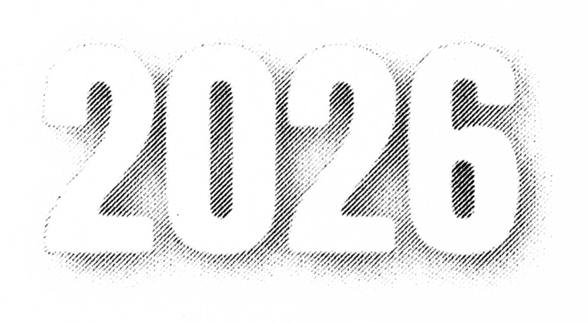 Macro halftone print of bold stencil-style 2026 numerals with dense black diagonal dots creating a soft fading outline on a transparent background.