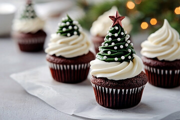 several chocolate cupcakes topped with white and green buttercream, red and white sprinkles, and star decorations are arranged on a light surface. festive variety of christmas dessert baking