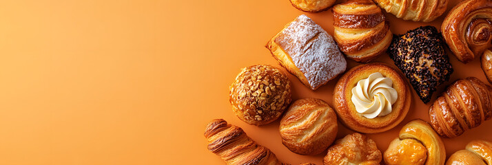 bakery display case filled with an enticing selection of various pastries wide banner - orange background