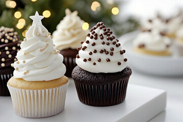 Assortment of vanilla and chocolate christmas tree cupcakes with white frosting, decorated with chocolate sprinkles and sugar pearls on a white riser. Elegant holiday treat concept