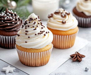 Assortment of vanilla and chocolate christmas cupcakes with white frosting and dark sprinkles, displayed with star anise and ornaments. Classic holiday treat and seasonal food concept