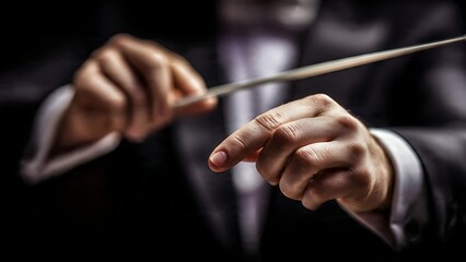 Elegant conductor guides orchestra with baton in a symphony of passion and dramatic musical expression