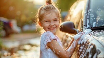 Young girl with blonde hair happily washing a car with soap bubbles in a sunlit outdoor setting, showcasing joy and childhood innocence during a fun activity