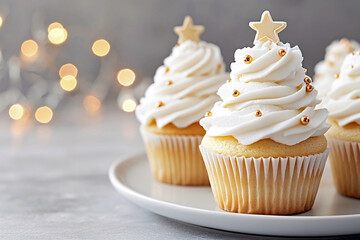 Vanilla christmas cupcakes with elegant white frosting, topped with gold stars and shiny sugar beads, served on a white plate. Luxurious holiday dessert concept