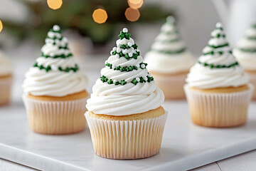 Row of vanilla christmas cupcakes with white frosting designed as festive trees decorated with green star sprinkles on a clean white marble board. Elegant holiday catering concept
