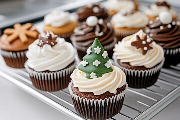 Assortment of chocolate christmas cupcakes with white frosting, decorated with green tree cutouts and gingerbread stars on a metal cooling rack. Homemade holiday baking concept