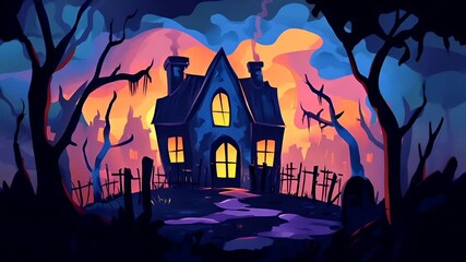 Halloween holiday promotion theme. Spooky scaring. A vivid, stylized illustration of a haunted house set against a twilight sky. The house is a twostory structure with a blue facade, yellow windows.