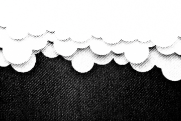 Macro halftone of rounded storm clouds hanging over a dark sky, bold black ink scallops forming a comic cloud border on a transparent PNG background.