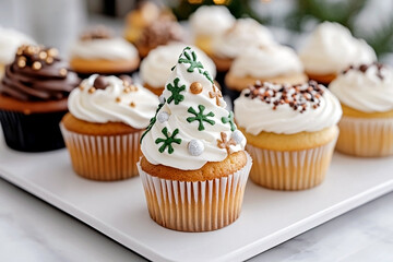 Assortment of gourmet christmas cupcakes on a serving board, focus on chocolate tree design with white frosting and star topper. Perfect food concept for a festive holiday celebration