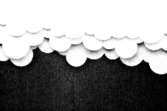 Macro halftone of rounded storm clouds hanging over a dark sky, bold black ink scallops forming a comic cloud border on a transparent PNG background.