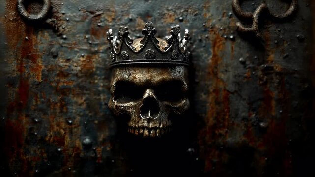 Halloween holiday promotion theme. Spooky scaring. A closeup of a skull with a crown on its head, set against a rusted metal surface. The skull is metallic with a brownish hue.