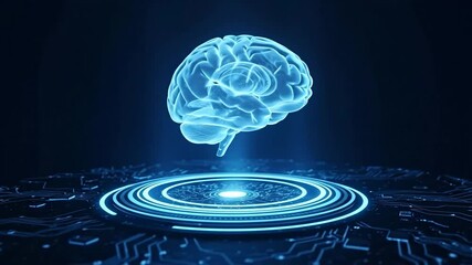 Holographic brain on a futuristic platform glowing blue representing artificial intelligence and advanced technology 4K Video - Powered by Adobe