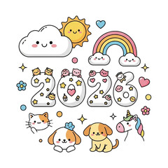 Kawaii 2026 Celebration Design Featuring Cute Animals, Smiling Sun, Rainbow and Cloud Characters, Perfect for Greeting Cards and Children's Designs