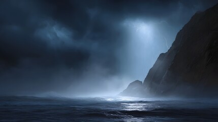 Fototapeta premium A dramatic storm rages along a rugged coastline with lightning illuminating mist shrouded cliffs and crashing waves