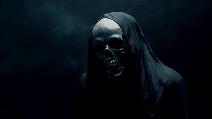 Halloween holiday promotion theme. Spooky scaring. A dark, moody, and atmospheric portrayal of a grim reaper with a skull mask and hooded cloak.
