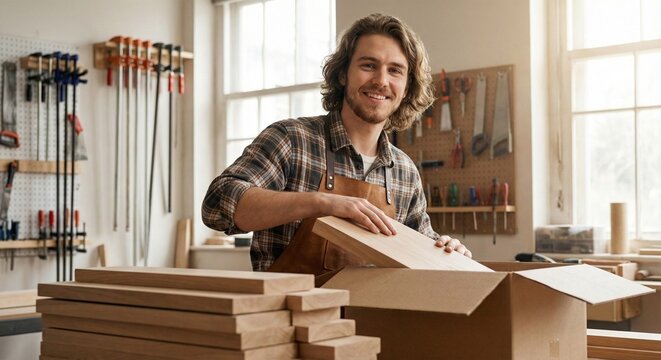 A smiling carpenter in a workshop, holding a piece of wood while packaging in a cardboard box, surrounded by tools and wood planks. - Powered by Adobe