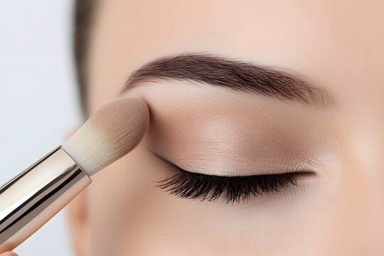 Close-up of a woman applying eyeshadow with a makeup brush, showcasing beauty techniques and artistry, highlighting the elegance of cosmetic application and personal grooming