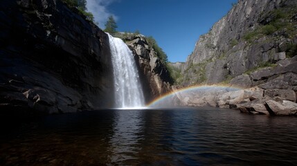 Vibrant rainbow arcs through misty spray of a majestic waterfall cascading into a dark pool framed by rugged shadowed cliffs