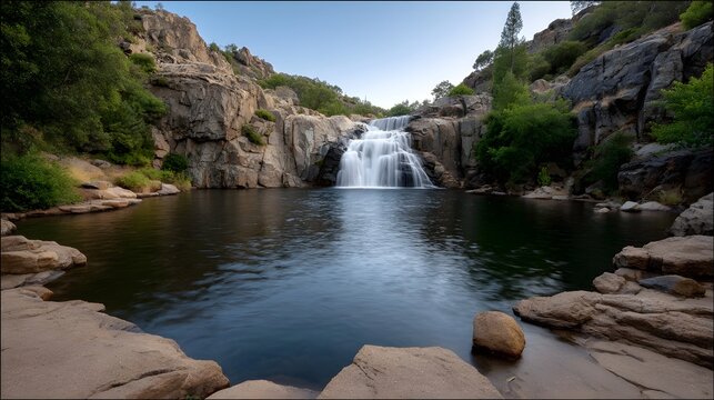 A majestic multi tiered waterfall cascades into a calm pool framed by rugged rocky cliffs and vibrant green foliage under a clear sky - Powered by Adobe